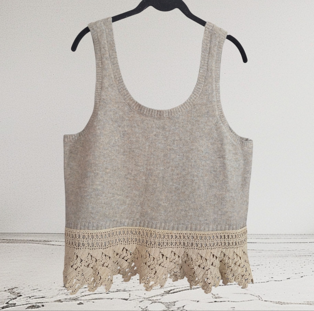 EUC NATURAL LIFE Tan Tank Top with Tan Lace Crochet Trim Size XL - Picture 2 of 5